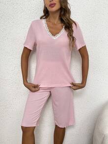 Women's Lace Trim Contrast Color Short Sleeve & Shorts Pajama Set, Spring/Summer/Autumn - Pink - View 3