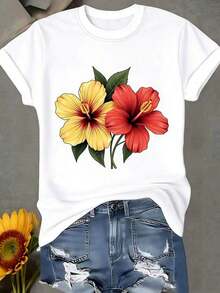 1 pcs[Camiseta de Moda] Camiseta estampada creativa de estilo casual y elegante, Blusa de manga corta para mujer, Camiseta de cuello redondo para dama, Primavera/Verano Negro180g 100% Cotton - Blanco - Ver 1