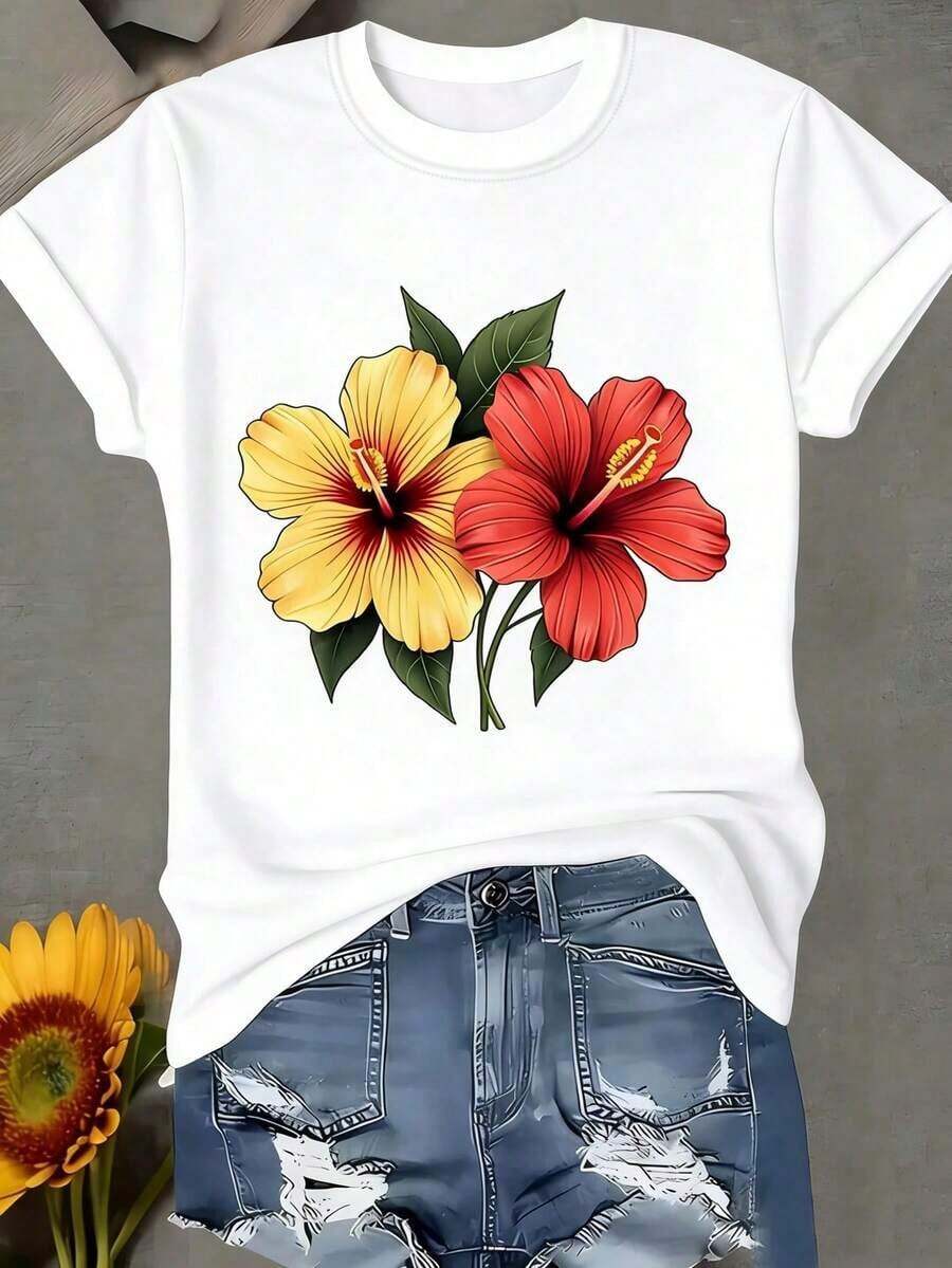 1 pcs[Camiseta de Moda] Camiseta estampada creativa de estilo casual y elegante, Blusa de manga corta para mujer, Camiseta de cuello redondo para dama, Primavera/Verano Negro180g 100% Cotton - Blanco - Ver 1