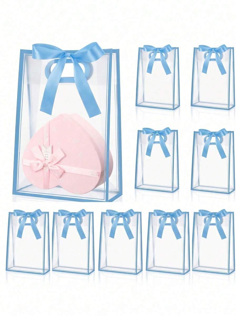 10 piezas Bolsas de regalo de plástico transparente con asas troqueladas y lazos, bolsas de regalo reutilizables de PP adecuadas para fiesta de graduación, Navidad, boda, despedida de soltera, fiesta de cumpleaños, pequeños negocios