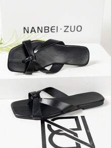 NANBEI ZUO 女士方头交叉绑带凉鞋，时尚简约轻便休闲拖鞋，度假沙滩风平底鞋 - 黑色 - 查看 6
