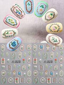 2片装 5D 立体浮雕花瓶相框图案美甲贴纸，Y2K 可爱复古美甲贴花，自粘式美甲沙龙 DIY 用品 - 彩色 - 查看 2
