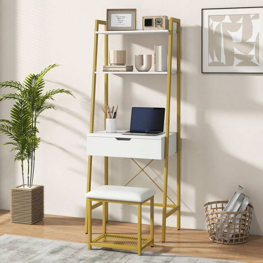Dressing Table Stool Set With Flip Top Mirror & Hidden Storage For Bedroom - White+Gold - View 1