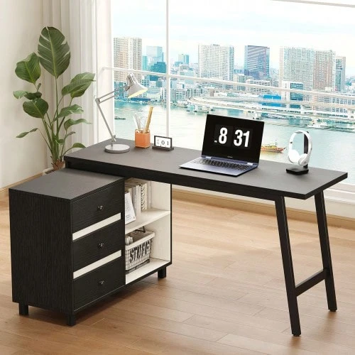 150 X 100 X 76 Cm L-Shaped Desk With Three Drawers, Two Open Storage Compartments, Tubular Steel Legs, Spacious Tabletop, Black And White. - Black - View 1