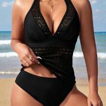 Swim Lushoire Women's Hollow Out Simple Halter Neck Tankini For Daily Wear Summer - Negro - Ver 1
