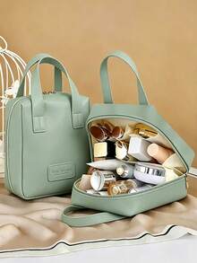 Bolsa de cosméticos de cuero PU impermeable, organizador de maquillaje de gran capacidad para viajes para mujeres - Verde - Ver 1