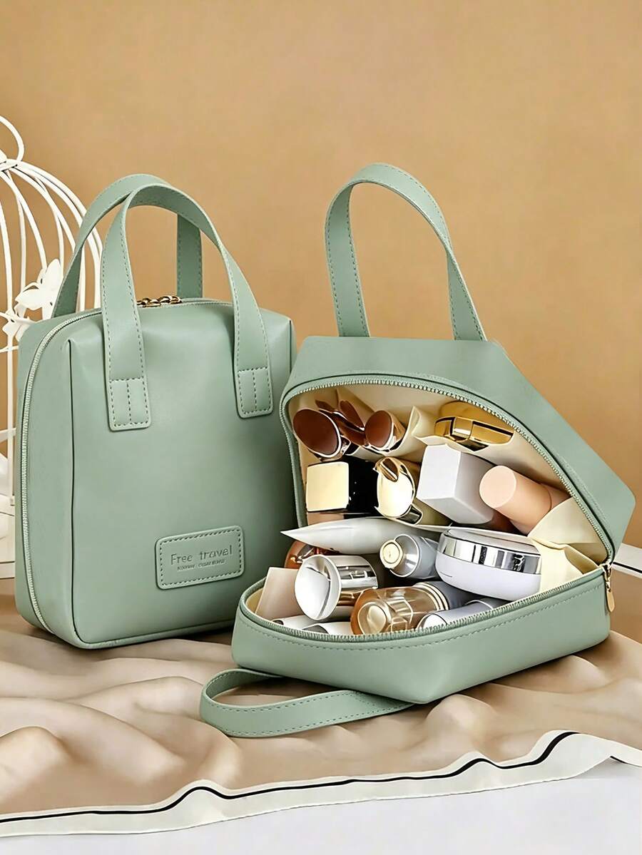 Bolsa de cosméticos de cuero PU impermeable, organizador de maquillaje de gran capacidad para viajes para mujeres - Verde - Ver 1