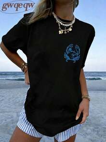 2026 Tropical Vacation OutfitsIf Crabby Please Return To The Beach Double Sided Crab Graphic Tee, Coastal Aesthetic Graphic Tees Women, Summer Fits F - 黑色 - 查看 2