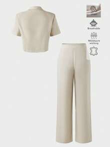 Set da 2 pezzi in lino, colore unito, elegante, casual, sexy, da ufficio, quotidiano, appuntamento, vacanza, estivo, leggero, traspirante, design, set estivo da donna, outfit estivi - Albicocca - Visualizzare 6