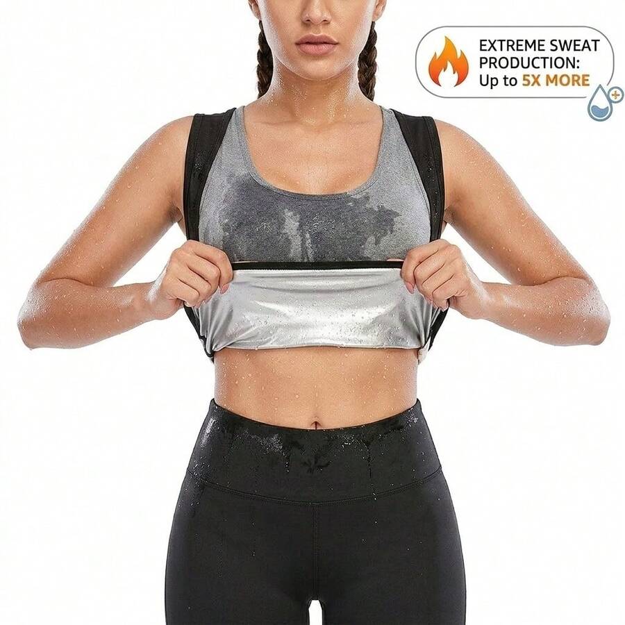 Women's Sauna Sweat Vest, Heat-Trapping Workout Tank Top & Waist Trainer Shapewear For Gym, Home Fitness And Everyday Training, Plus Size - Black Outside, Silver Inside - View 1