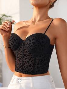 1 Peça Top de Sutiã Elástico Sem Costura Confortável e Fofo, Lingerie, Top Estampa de Onça - Preto - Visão 5