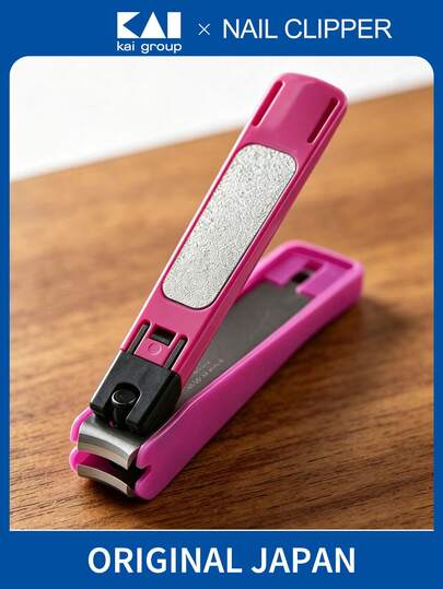KAI 1pc Pink Curved Nail Clipper Stainless Steel Precise Nail Cutter With Nail File And Splash Guard, Portable Women Home Manicure Tool