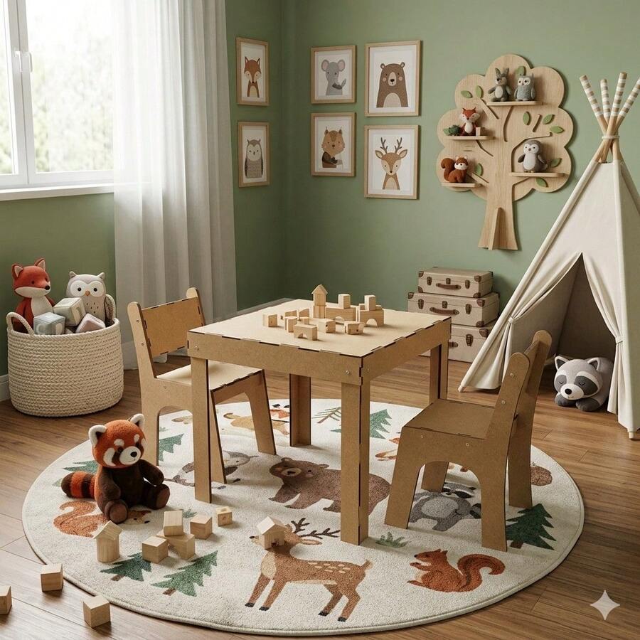 Mesa Infantil Para Uso Intenso Mdf + 2 Cadeiras, Conjunto Super Resistente Para Crianças Ativas, Móvel Para Estudos - Marrom - Visão 1