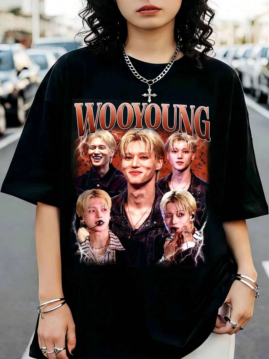 ATEEZS Jung Woo Young Vintage Bootleg K-Pop Graphic Casual Loose Fit T-Shirt - Black - View 1