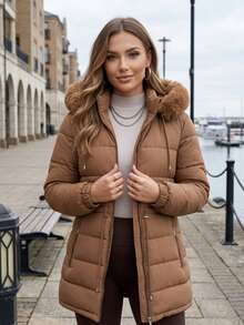 Women's Puffer Jacket With Faux Fur Lining For Winter With Hood - Óxido marrón - Ver 1