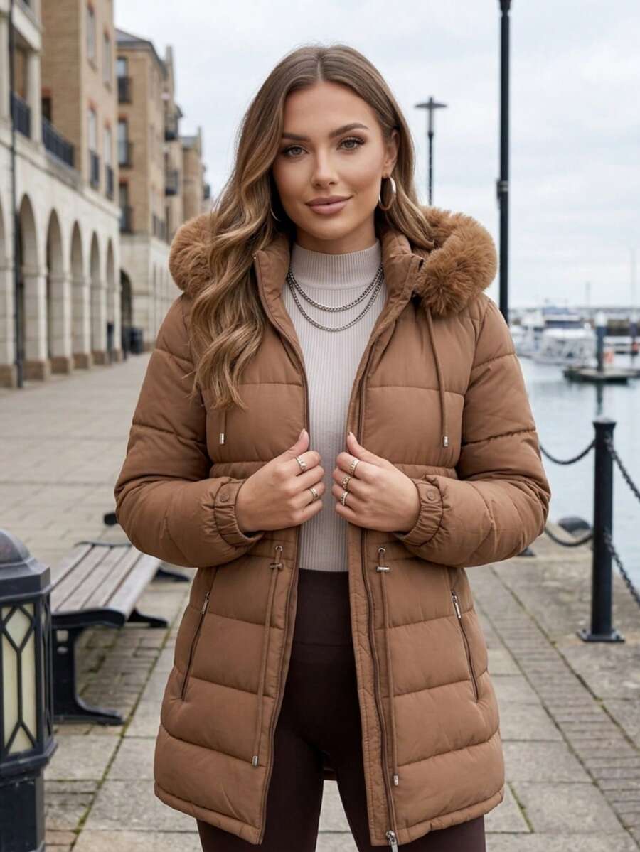 Women's Puffer Jacket With Faux Fur Lining For Winter With Hood - Óxido marrón - Ver 1