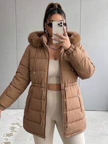 Women's Plus Size Lined Bobojaco Jacket With Hood And Faux Fur Lining, Long Sleeves, Winter - Rỉ Nâu - Xem 7