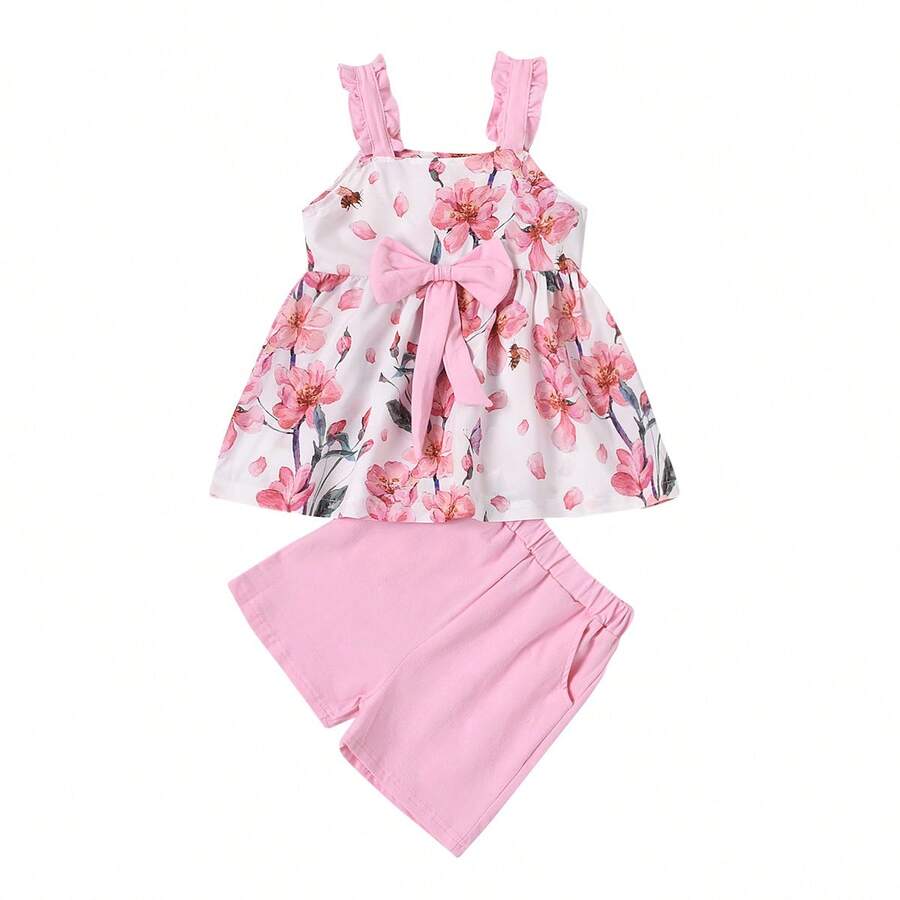 2 Pcs Infant Summer Outfits, Baby Girl Watermelon/Flower Ruffle Strap Square Collar Bowknot Tank Top + Shorts with Pockets - flores rosas - Ver 1