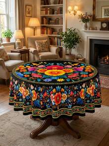 1 Rectangle/Oval/Round Mexican Style Colorful Floral Print Tablecloth, Folk Art Style Polyester Fabric Table Cover, Waterproof Stain Resistant Oil Proof Wrinkle Resistant Washable Reusable Table Cloth Table Linen Table Overlay For Home Decor, Kitchen Wedding, Wedding Table, Room Centerpiece - Multicolor - View 3