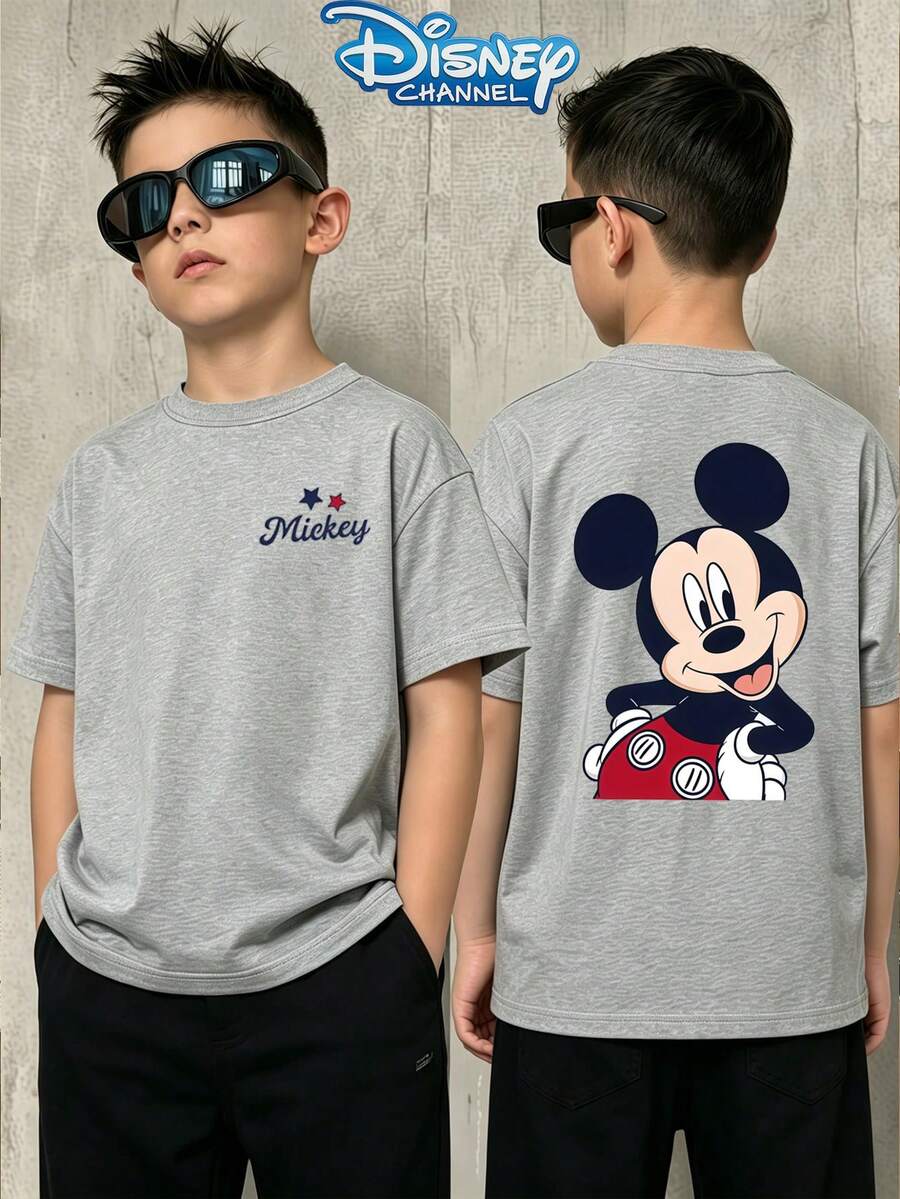 Disney 1 pieza Camiseta de manga corta con estampado de Mickey Mouse informal para niños adolescentes, ropa de niños, camisas de niños, ropa de verano - Gris - Ver 1