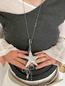 1 buah Kalung Panjang Liontin Bintang Laut, Bunga & Hati Perak, Kalung Choker Desain Unik, Aksesori Dekorasi Gaya Y2K - Perak - View 2