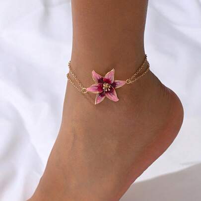 1件波西米亚风粉色花朵装饰脚链，时尚节日花卉脚饰，适合女性日常佩戴、约会、拍照、海滩等场合。