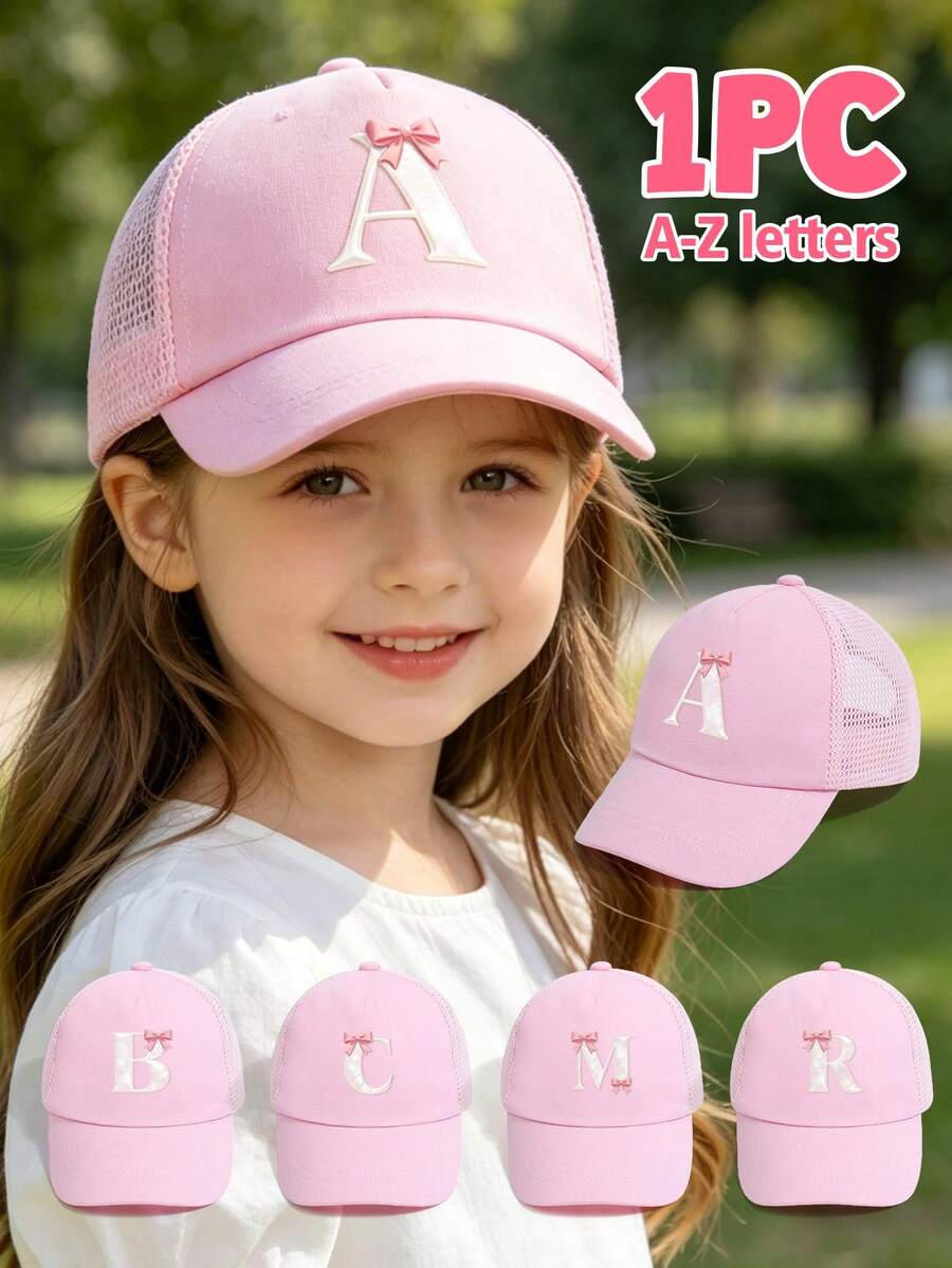 1PC Personalized Letter Baseball Cap For Girls, Cute Bow Knot Pink Mesh Sun Hat, Breathable Summer Beach Play Hat For Toddler Kids Ages 1-7 Years - Pink - View 1