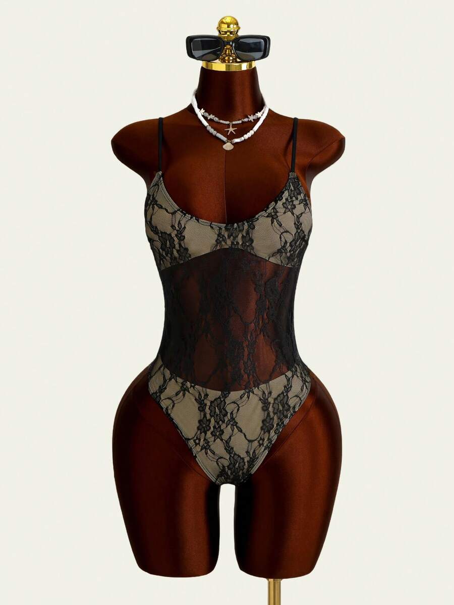 Mistrie 透视蕾丝性感泳衣，适合度假、海滩、夏季休闲穿着，蕾丝连体泳衣，情人节、狂欢节皆宜 - 黑色 - 查看 1