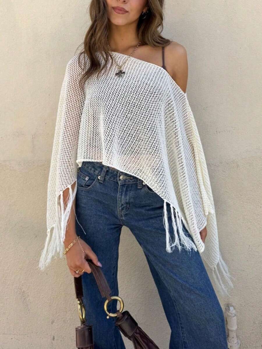 2026夏季新款白色钩针流苏针织毛衣上衣，独特流苏细节，常规长度，柔软舒适，海滩度假风 - 白色 - 查看 1