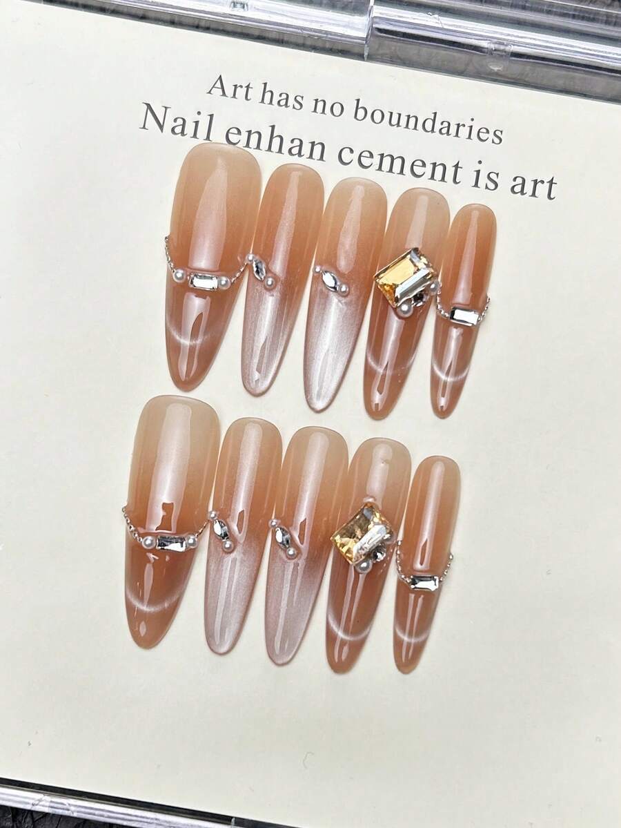 10 móng tay giả thủ công hình oval dài nhọn, móng acrylic dán siêu dài, móng hồng nhẹ nhàng, kiểu mắt mèo nổi bật, đính đá lớn, kim cương, chuỗi ngọc trai, kiểu móng mùa xuân cá tính, thanh lịch, đơn giản, móng dán mùa hè, thích hợp cho tiệc tùng, hẹn hò, đi biển, nghỉ dưỡng nhiệt đới, tự làm móng nghệ thuật, thích hợp làm quà tặng cho phụ nữ và bé gái. - Hồng - Xem 1