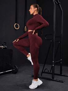 Seamless Zip-Up Tracksuit With Thumb Holes - Burgundy - View 3
