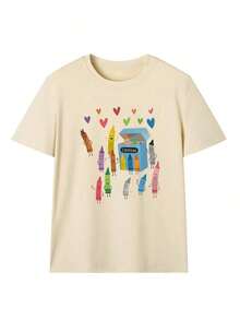 Women's Short-Sleeved, Round-Neck T-Shirt With Crayon Print, Casual Everyday Wear In White - Breathable High Quality - 杏 - 查看 3