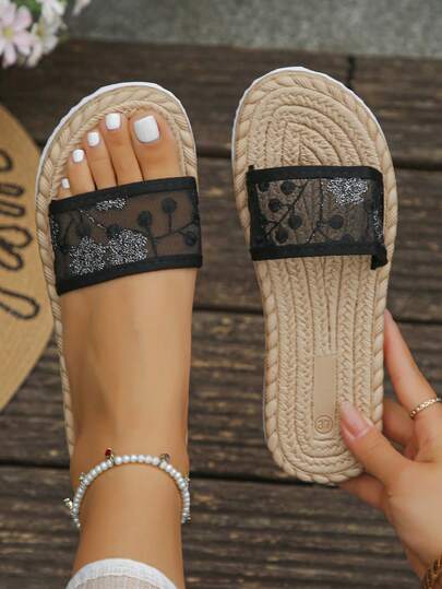 Fashion Floral Embroidery Mesh Net Rope Sole Low Heel Women's Flat Sandals, Comfortable Breathable Black Mesh Slippers, Lightweight One-Strap Slides, Vacation & Daily Wear Beach Flip Flops, Plus Size Women Shoes, Mother's Day Gift, Random Pattern