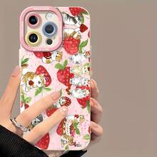Funda para móvil con un adorable diseño de gato y fresas, compatible con Samsung, Apple, VIVO, OPPO, , Transsion, ,  y Honor. Fabricada en TPU, ofrece protección contra golpes y caídas. Un regalo ideal para familiares y amigos. - Blanco - Ver 6