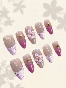 NAILS BASE 10件/組 粉色杏仁形長款法式漸層漸變假指甲，附玫瑰紅花朵，辦公適用的中性亮麗杏仁形甲片，日式手工 P - 彩色 - 查看 4