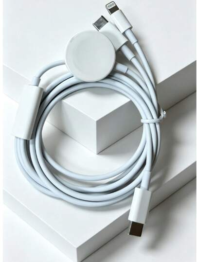Cable de carga 3 en 1 blanco, compatible con dispositivos Apple, smartwatches, Type-C, Lightning, relojes