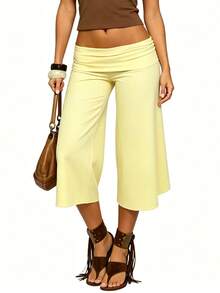 Fold Over Gaucho Pants Culottes For Women Low Rise Capris Foldover Flowy Going Out Flare Bottoms Wide Leg Capri Pants - Yellow - View 2