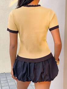 2026 Spring/Summer New Women's Light Yellow And Coffee Color Short Sleeve Round Neck Contrast Lace Knit Cardigan, Minimalist Button Design, Ribbed Texture, Essential For Back To School Season - Light Yellow Blended With Dark Coffee - View 9