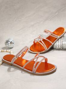 Minimalist Lightweight Round Toe Criss-Cross Strap Solid Color Glass Rhinestone Slip-On Sandals, Women Summer New Style Flat Sandals Suitable For Dresses, Fairy Style Two-Way Wear - Orange - View 7