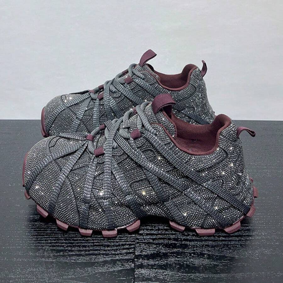 Sepatu Sneakers Tebal Berhiaskan Rhinestone, Sepatu Kasual Platform yang Modis, Serbaguna, dan Nyaman untuk Wanita - Bubuk Mesiu Merah - View 1