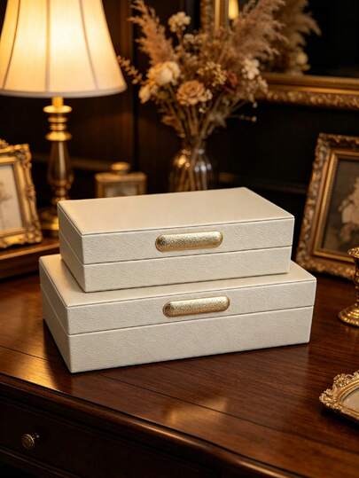 1 Set Litchi Embossed PU Leather Jewelry Box With Lid, Soft Touch, Modern Home Decor, Jewelry Storage Box, Decorative Organizer Box With Zinc Alloy Hardware, Classic Vegan Leather (Milky White)