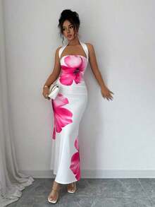 Vestido midi estampado de verano 2025 para mujer, con cuello halter y cintura ajustada. - Blanco - Ver 5