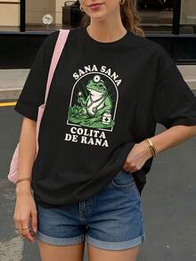 Camiseta Negra con Estampado de Rana y Texto Sana Sana Colita de Rana para Uso Diario - Negro - Ver 1