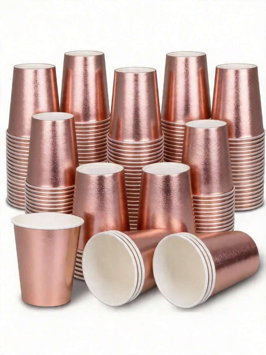 10/25pcs Rose Gold Theme Paper Cups, Beverage Cups And Coffee Cups, Suitable For Birthday Party, Family Gathering, Picnic And Party Decoration, Tableware, Holiday Design, Fashionable Party Supplies, - Multicolor - View 1