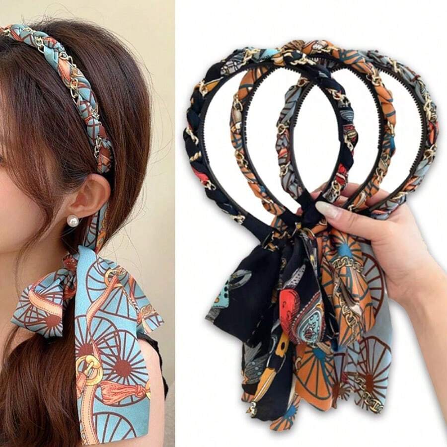 1pc Retro Pattern Long Ribbon Headband, Suitable For Women's Daily Wear, Tidy Messy Hair, Showcase Personal Style, Suitable For Braiding, Washing Face, Dating, Travel, Matching Outfits, Photography, Spring/Summer Hair Accessory, Mother's Day Gift Hairband - Multicolor - View 1