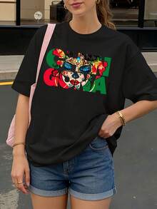 Camiseta Negra con Estampado de Calavera y Flores para Mujer Casual Verano - Negro - Ver 1