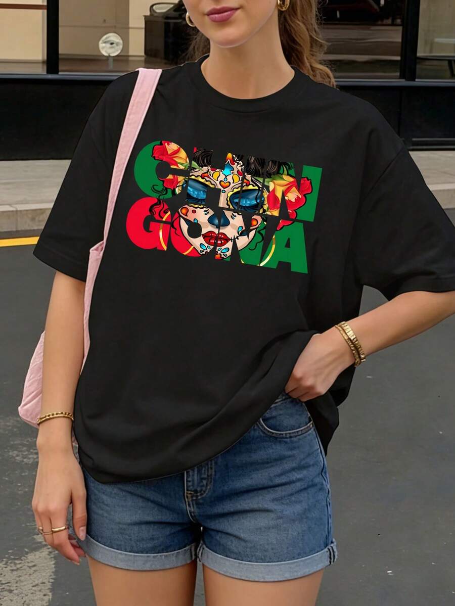 Camiseta Negra con Estampado de Calavera y Flores para Mujer Casual Verano - Negro - Ver 1