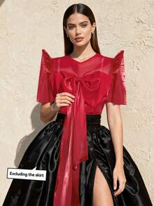 Amyenjoylife 现代菲律宾风情红色花瓣袖浪漫蝴蝶结衬衫 - 紅色 - 查看 4