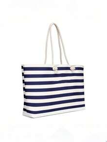 [Embroidered] Customized Navy Blue And White Striped Beach Tote Bag, Large Women's Canvas Rope Handle Shoulder Bag, Essential For Summer Beach Travel - Multicolor - View 4