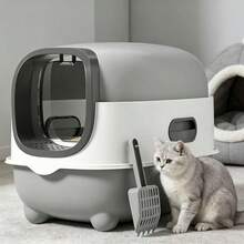 Grey Enclosed Cat Litter Box With Drawer, Grey And White, Odorless And Leak-Proof, Indoor/Outdoor Use, Includes Scoop - 56*40*40cm - View 1